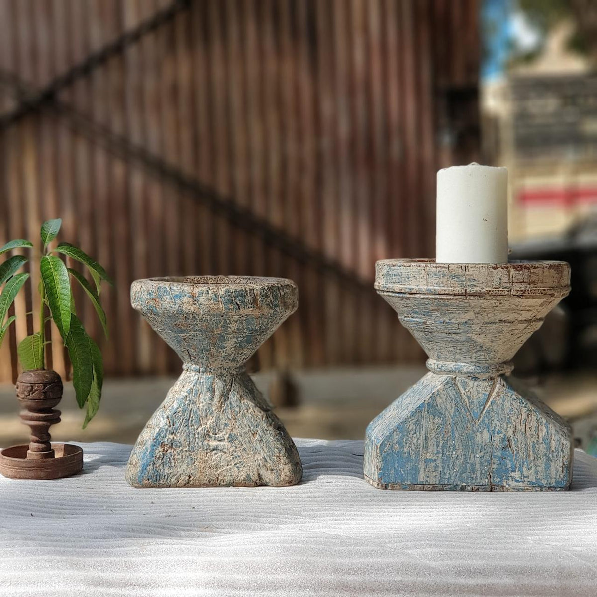 Indian Wooden Seed Candle Holders Stands (Set of 2) 01