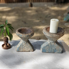 Indian Wooden Seed Candle Holders Stands (Set of 2) 01