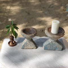 Indian Wooden Seed Candle Holders Stands (Set of 2) 01