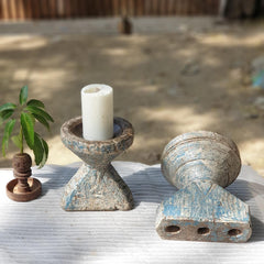 Indian Wooden Seed Candle Holders Stands (Set of 2) 01