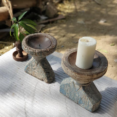 Indian Wooden Seed Candle Holders Stands (Set of 2) 01