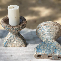 Indian Wooden Seed Candle Holders Stands (Set of 2) 01