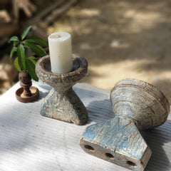 Indian Wooden Seed Candle Holders Stands (Set of 2) 01