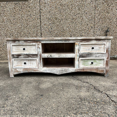 Handmade Indian Furniture Solid Hard Wood Tv Unit Whitewash