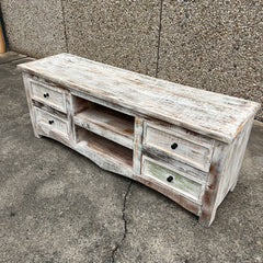 Handmade Indian Furniture Solid Hard Wood Tv Unit Whitewash