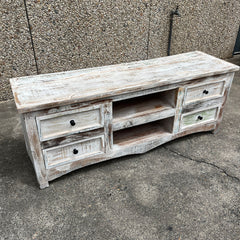 Handmade Indian Furniture Solid Hard Wood Tv Unit Whitewash