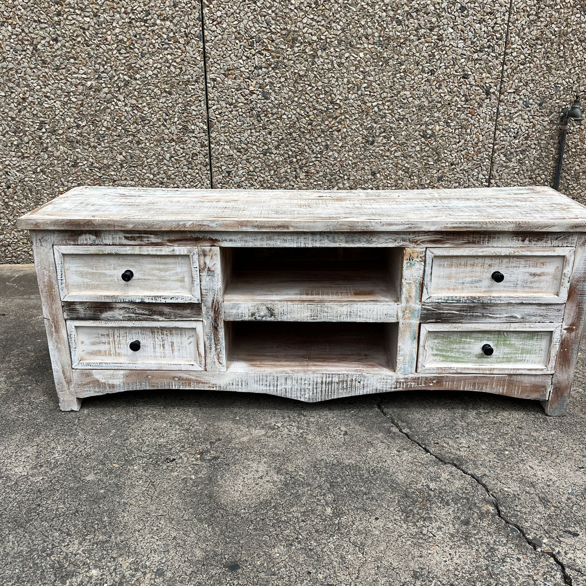 Handmade Indian Furniture Solid Hard Wood Tv Unit Whitewash