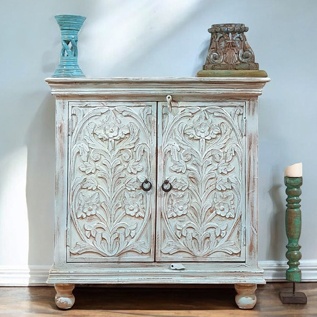 Indian Style Carved Solid Wood Cabinet Buffet 90X40X90 CM Bluewash