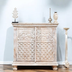 Indian Style Carved Solid Wood Cabinet Buffet 90X40X90 CM Whitewash