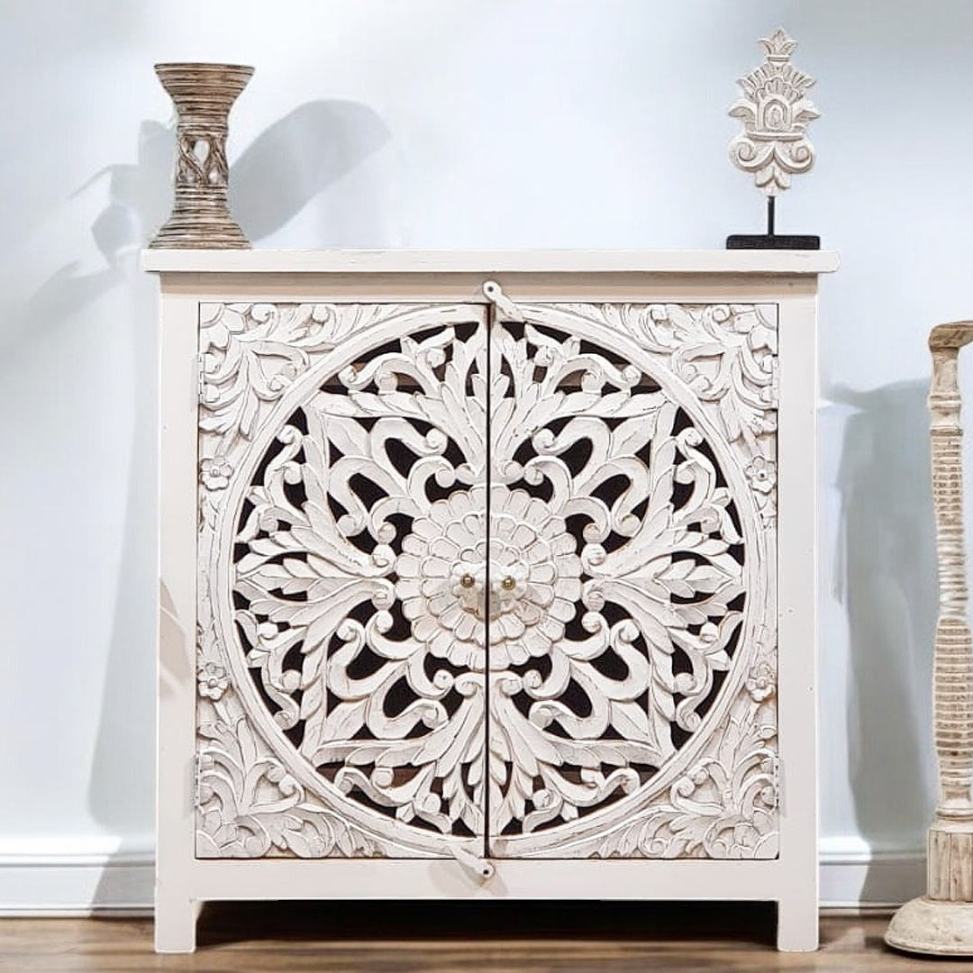 Indian Style Carved Solid Wood Cabinet Buffet 90X43X90 CM White