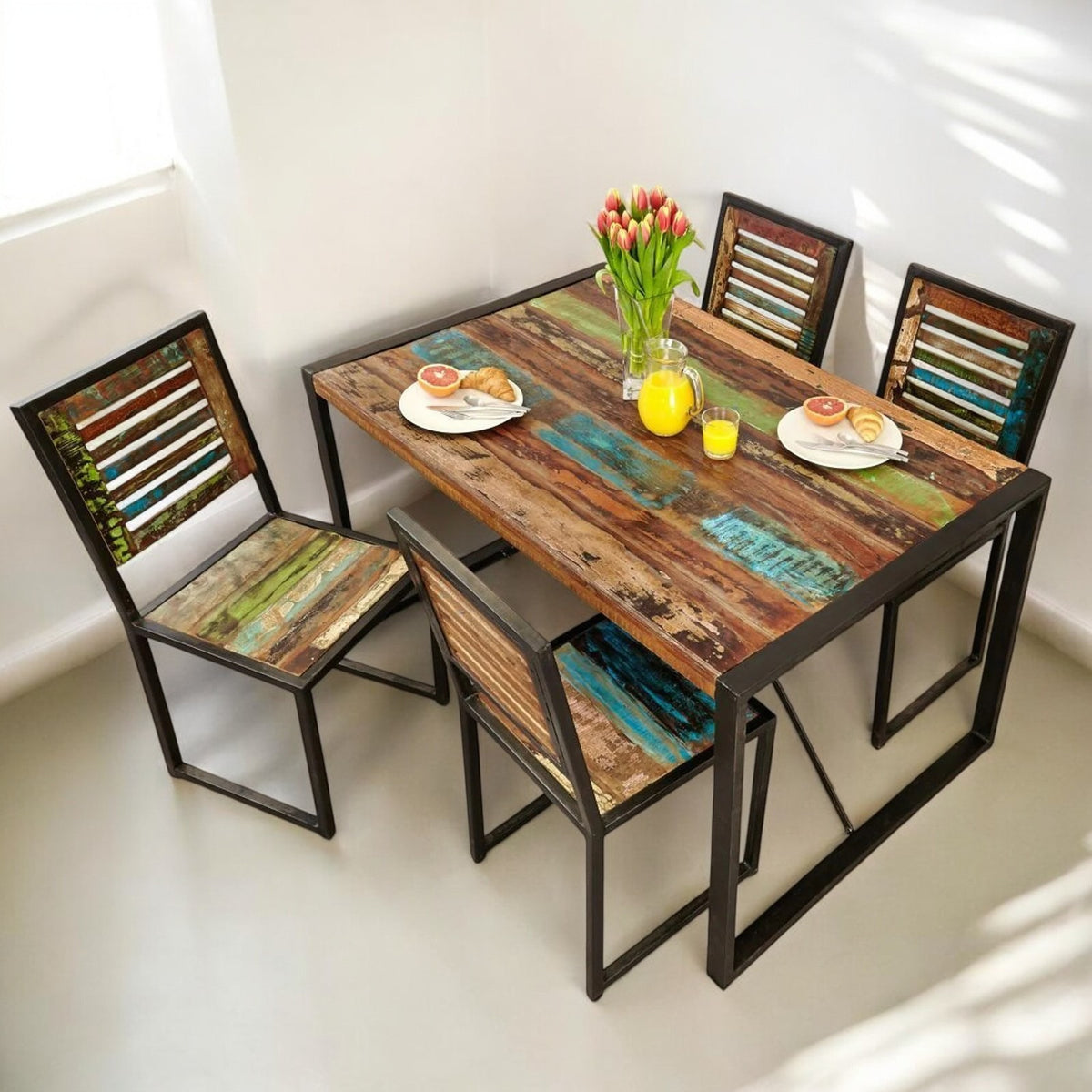 Aspen Reclaimed Wood Industrial Small Dining Table and Chairs 140x80x75cm