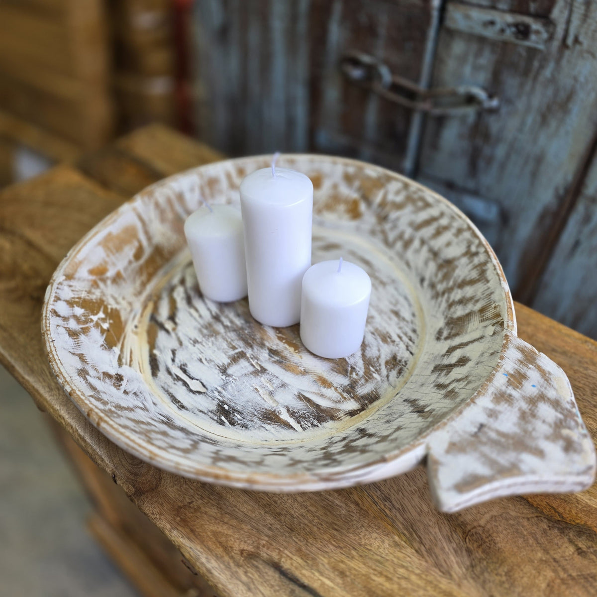 Indian Handcrafted Wooden Parat Bowl Rustic White 28
