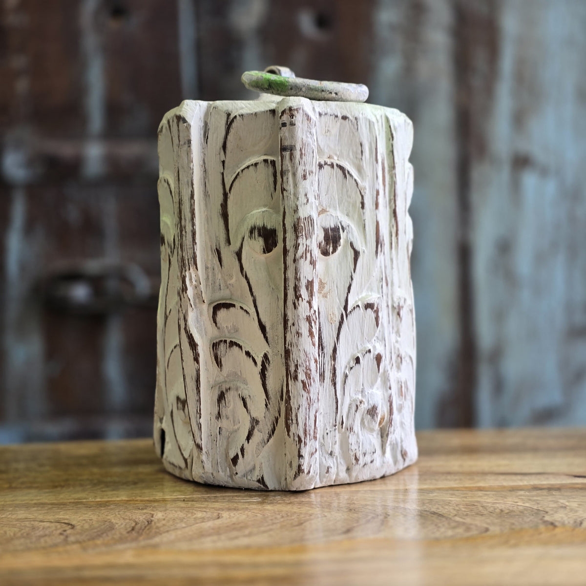 Antique Indian Pillar Base Solid Wood Door Stop Rustic White 29