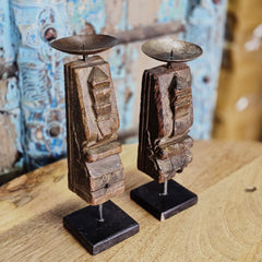 Indian Wooden Hand Carved Candle Holder Stand (Set of 2) 117