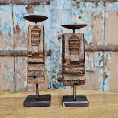 Indian Wooden Hand Carved Candle Holder Stand (Set of 2) 117