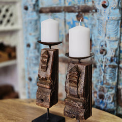 Indian Wooden Hand Carved Candle Holder Stand (Set of 2) 117