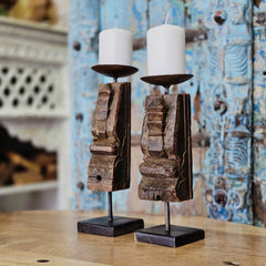 Indian Wooden Hand Carved Candle Holder Stand (Set of 2) 117