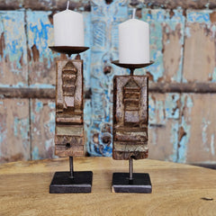 Indian Wooden Hand Carved Candle Holder Stand (Set of 2) 117