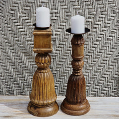 Indian Wooden Hand Carved Candle Holder Stand (Set of 2) 278