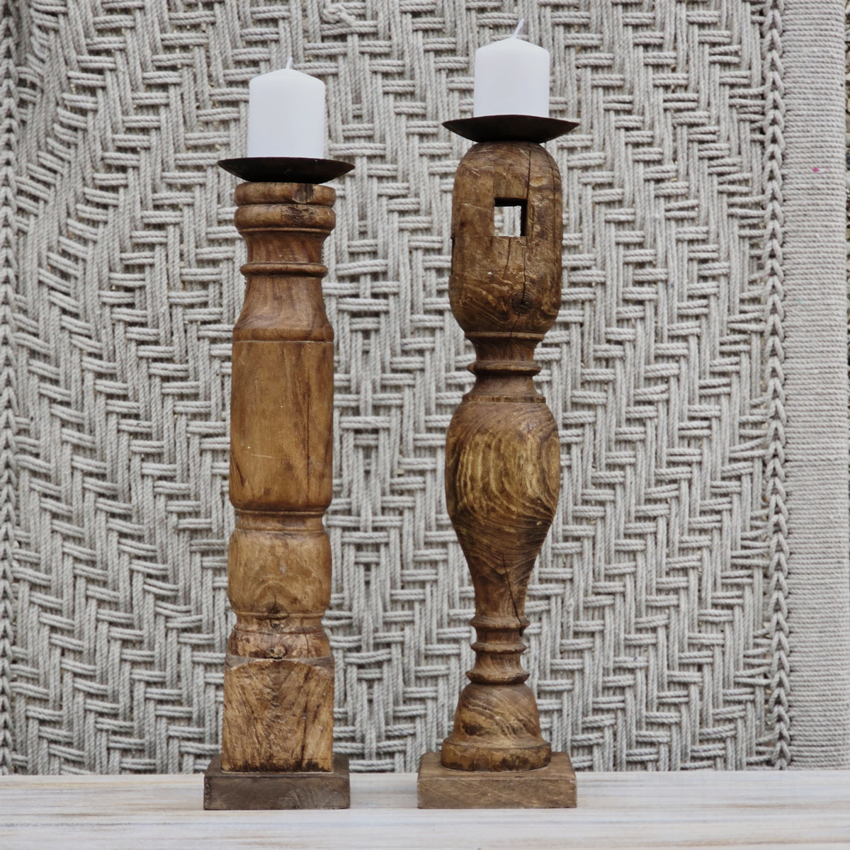Indian Wooden Hand Carved Candle Holder Stand (Set of 2) 271