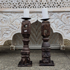 Indian Wooden Hand Carved Candle Holder Stand (Set of 2) 266