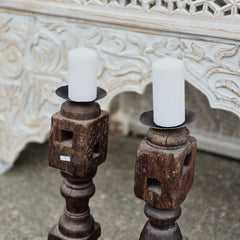 Indian Wooden Hand Carved Candle Holder Stand (Set of 2) 266