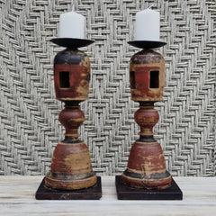 Indian Wooden Hand Carved Candle Holder Stand (Set of 2) 265