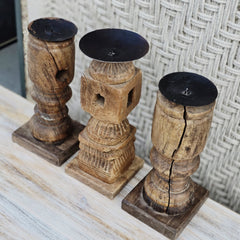 Indian Wooden Hand Carved Candle Holder Stand (Set of 3) 263