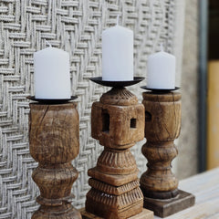 Indian Wooden Hand Carved Candle Holder Stand (Set of 3) 263