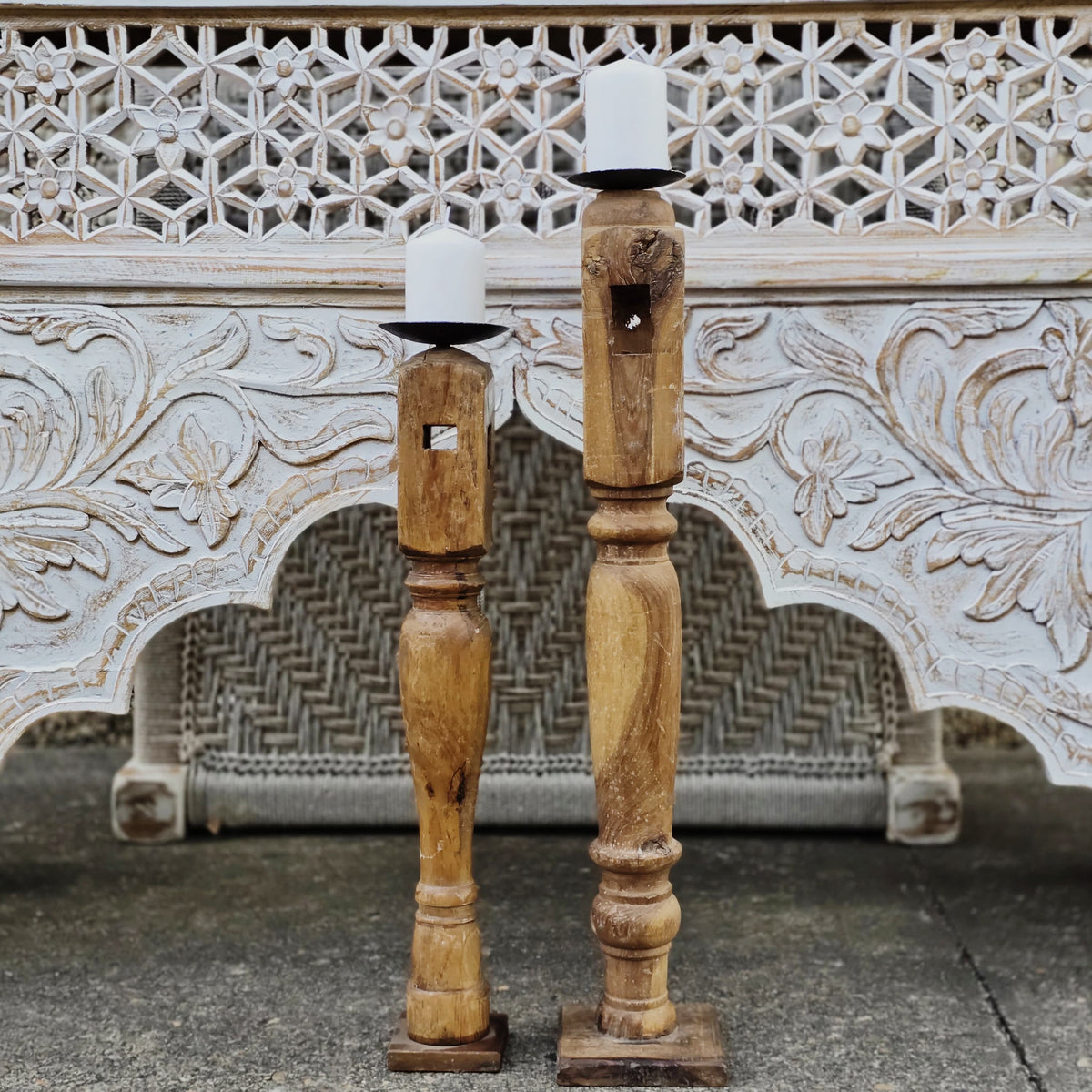 Indian Wooden Hand Carved Candle Holder Stand (Set of 2) 262