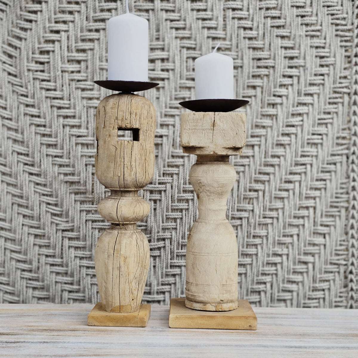 Indian Wooden Hand Carved Candle Holder Stand (Set of 2) 261