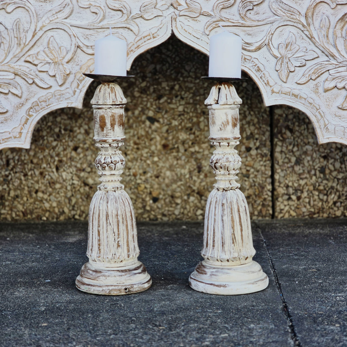 Indian Wooden Hand Carved Candle Holder Stand (Set of 2) 290