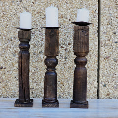 Indian Wooden Hand Carved Candle Holder Stand (Set of 3) 293
