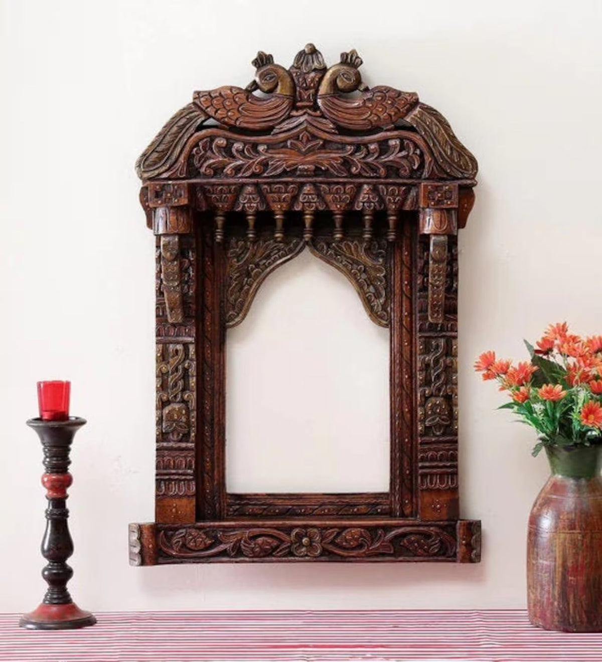 Mehrab Hand Carved Indian Solid Wood Temple Mirror 03