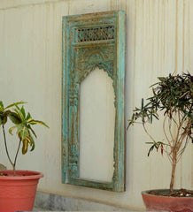 Mehrab Indian Hand Carved Mirror Arched Globe Wooden Wall Decor