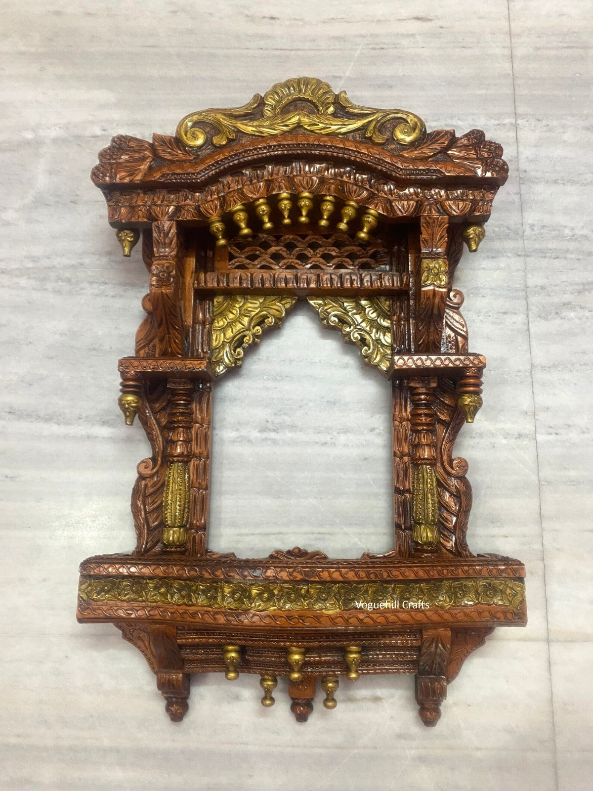 Mehrab Hand Carved Indian Solid Wood Temple Mirror 04
