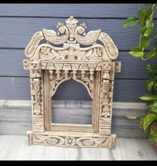 Mehrab Hand Carved Indian Solid Wood Temple Mirror Wall Decor 05