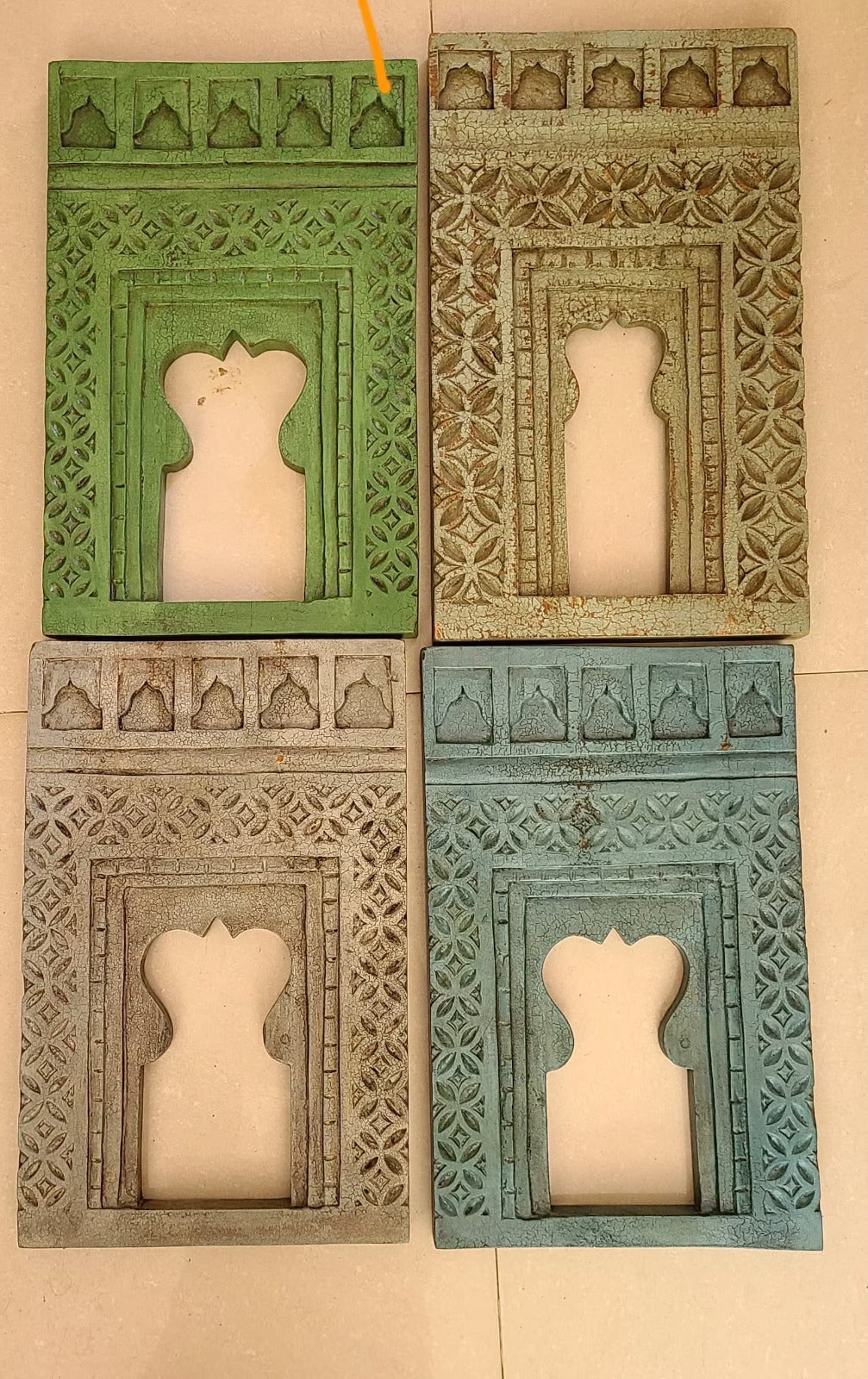 Hand Carved Indian Solid Wood Temple Mirror Wall Decor Set of 4