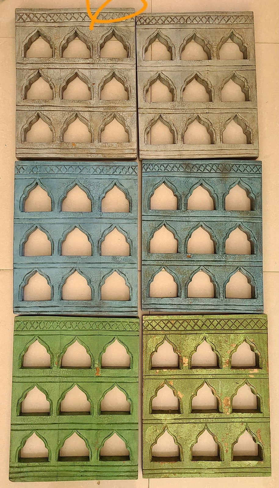 Hand Carved Indian Solid Wood Temple Mirror Wall Decor Set of 6