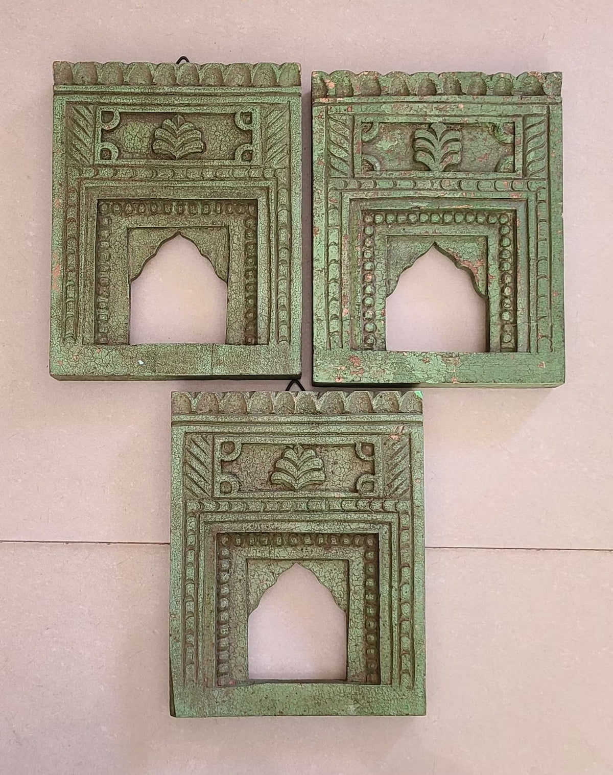 Mehrab Hand Carved Indian Solid Wood Temple Mirror Wall Decor Set of 3