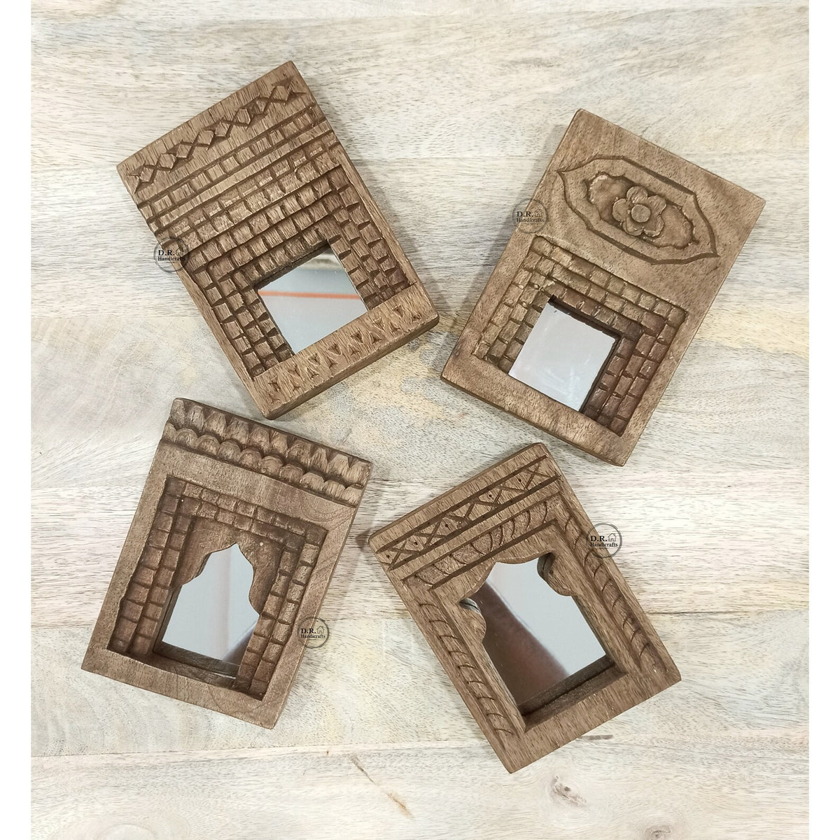 Mehrab Hand Carved Indian Solid Wood Temple Mirror Wall Decor Set of 4