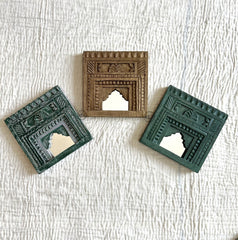 Mehrab Hand Carved Indian Solid Wood Temple Mirror Wall Decor Set of 3