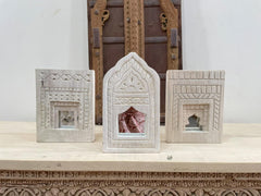 Mehrab Hand Carved Indian Solid Wood Temple Mirror Wall Decor Set of 3