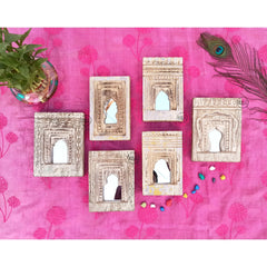 Mehrab Hand Carved Indian Solid Wood Temple Mirror Wall Decor Set of 6