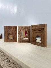 Mehrab Hand Carved Indian Solid Wood Temple Mirror Wall Decor Set of 3