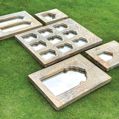Mehrab Hand Carved Indian Solid Wood Temple Mirror Wall Decor Set of 5