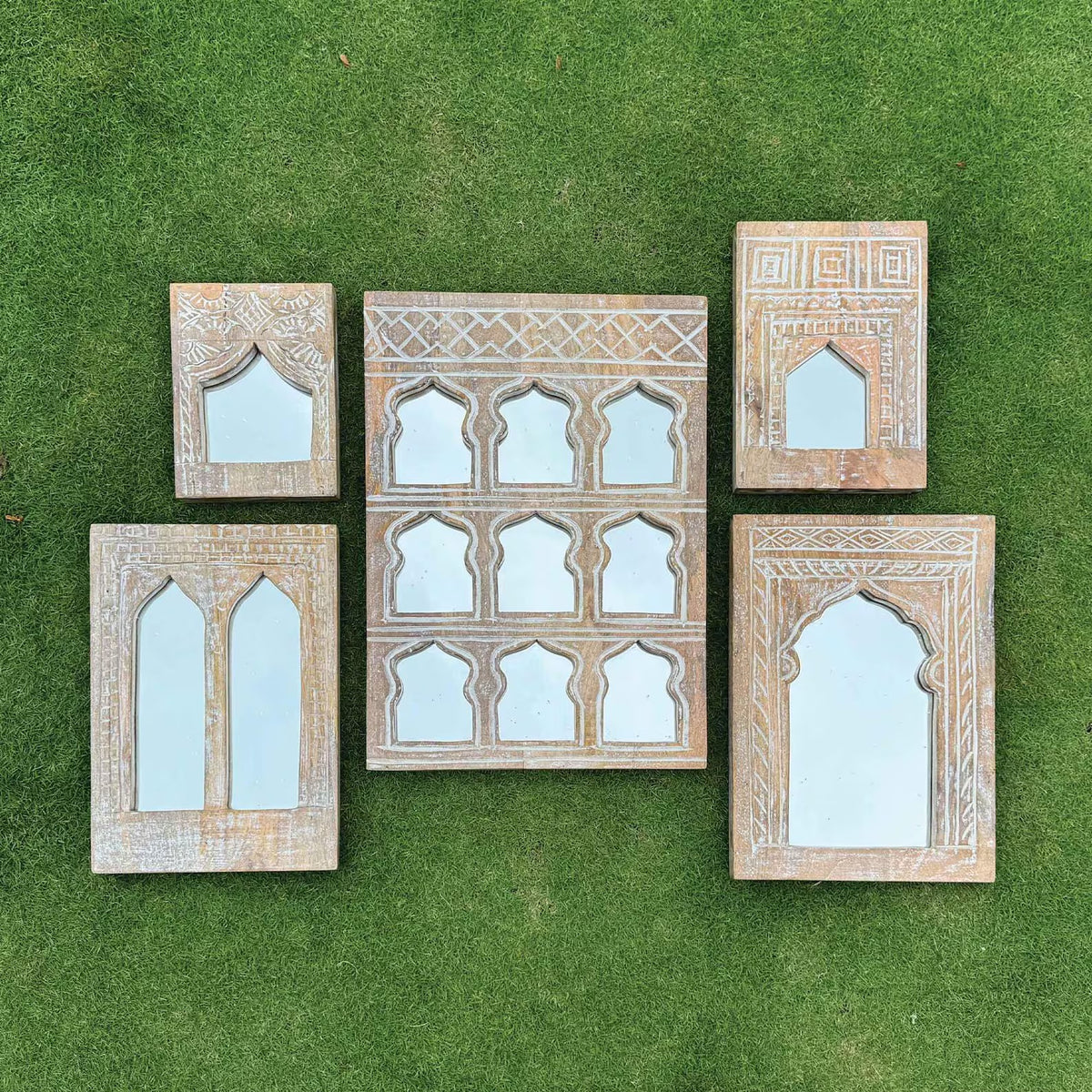 Mehrab Hand Carved Indian Solid Wood Temple Mirror Wall Decor Set of 5