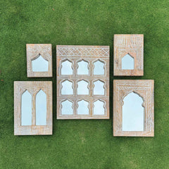 Mehrab Hand Carved Indian Solid Wood Temple Mirror Wall Decor Set of 5