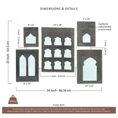 Mehrab Hand Carved Indian Solid Wood Temple Mirror Wall Decor Set of 5