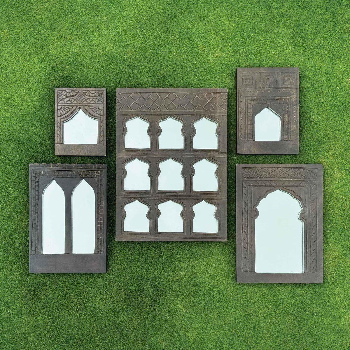 Mehrab Hand Carved Indian Solid Wood Temple Mirror Wall Decor Set of 5